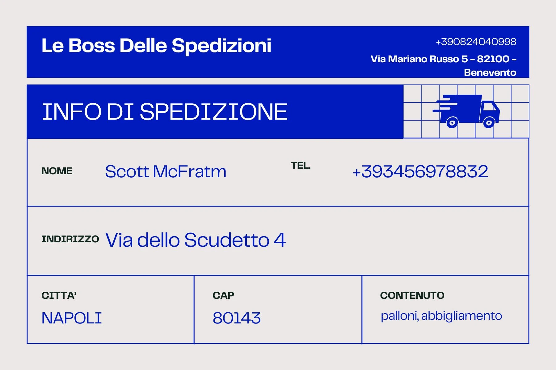 Etichetta di spedizione correttamente compilata